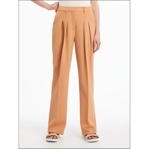 CALVIN KLEIN Wool Twill Pleated Straight Pant - Brown