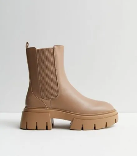 Camel Leather-Look Chunky Cleated Sole Chelsea Boots New Look