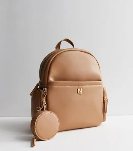 Camel Leather-Look Pocket Front Backpack New Look