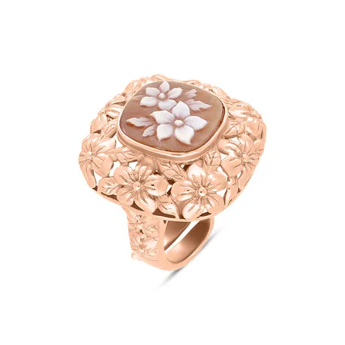 Cameo Italy Rose Gold Plated Sterling Silver Square Double Flower Ring D