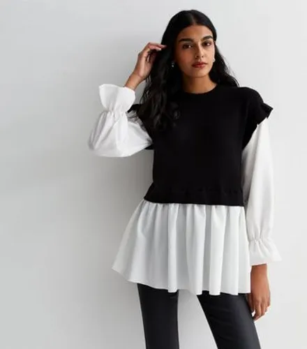 Cameo Rose Black 2 in 1 Knit Frill Shirt New Look