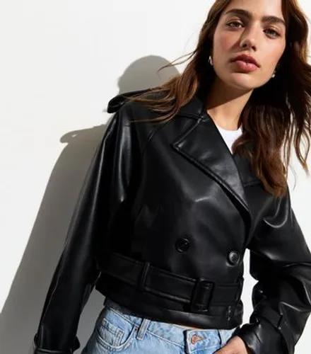 Cameo Rose Black Leather-Look Belted Crop Jacket New Look