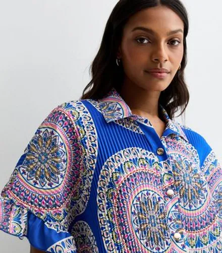 Cameo Rose Blue Printed Oversized Ruffle Plisse Shirt New Look