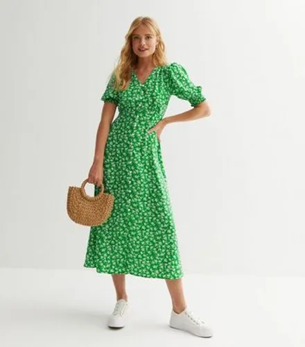 Cameo Rose Green Floral Button Front Midi Dress New Look