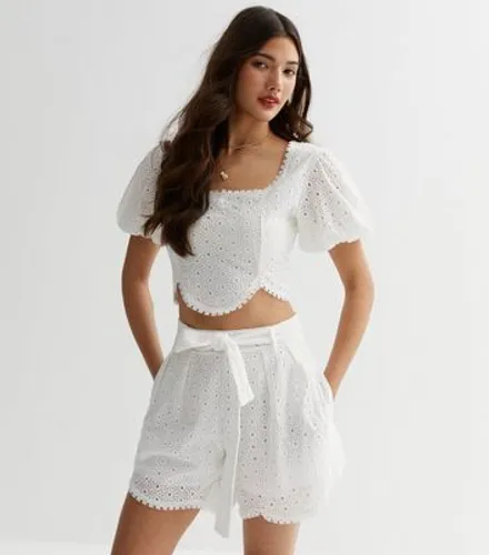 Cameo Rose White Broderie High Waist Flippy Shorts New Look
