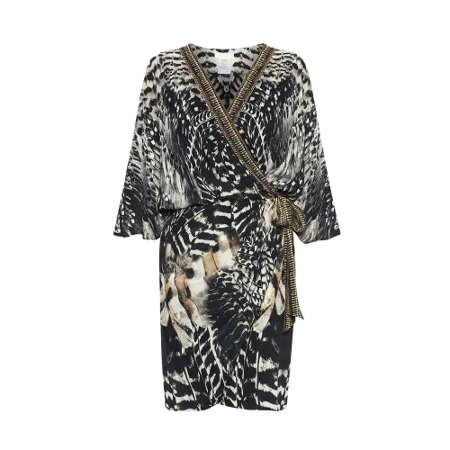 Camilla , Camilla Draped Front Silk Wrap Dress Night OWL ,Black female, Sizes: