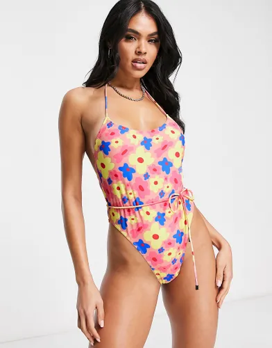 Candypants high leg swimsuit in pink floral