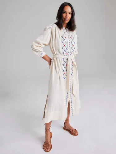Cape Cove Contrast Embroidered Midi Dress, Cream - Cream - Female