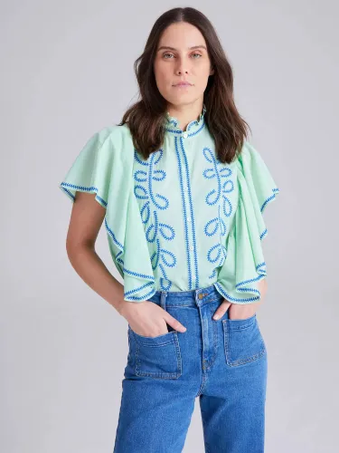 Cape Cove Contrast Embroidered Ruffle Blouse, Dazzling Blue - Dazzling Blue - Female