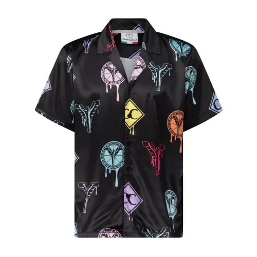 Carlo Colucci , Satin-look shirt with logo prints ,Multicolor male, Sizes: