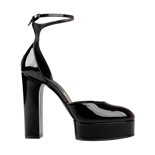 Casadei , Black Patent Leather Platform Pumps with Buckled Ankle Strap ,Black female, Sizes:
