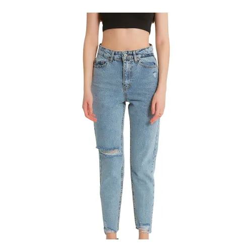 Catwalk , Ribbed Knit High-Waisted Jeans - D83615 ,Blue female, Sizes: