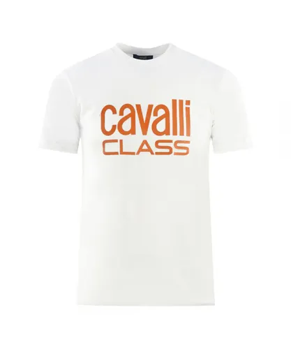 Cavalli Class Mens Bold Orange Logo White T-Shirt