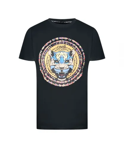 Cavalli Class Mens Circular Wild Cat Logo Black T-Shirt Cotton