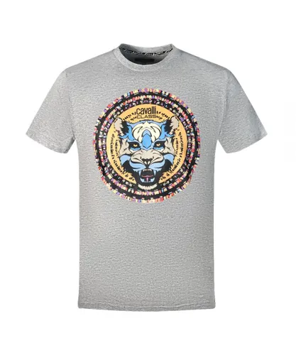 Cavalli Class Mens Circular Wild Cat Logo Grey T-Shirt Cotton