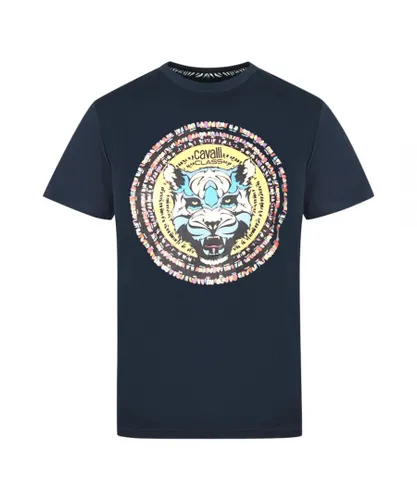 Cavalli Class Mens Circular Wild Cat Logo Navy T-Shirt - Blue Cotton