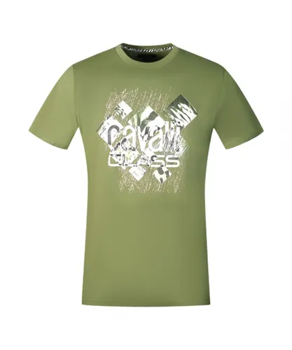Cavalli Class Mens Diamond Window Of Tiger Design Green T-Shirt