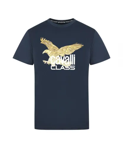 Cavalli Class Mens Gold Eagle Logo Navy T-Shirt - Blue Cotton