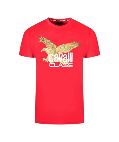 Cavalli Class Mens Gold Eagle Logo Red T-Shirt Cotton