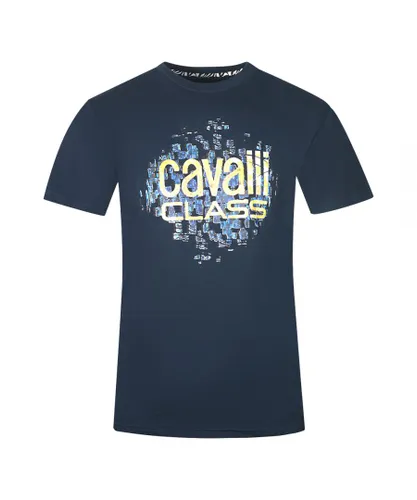Cavalli Class Mens Gradien Scales Design Logo Navy T-Shirt - Blue Cotton
