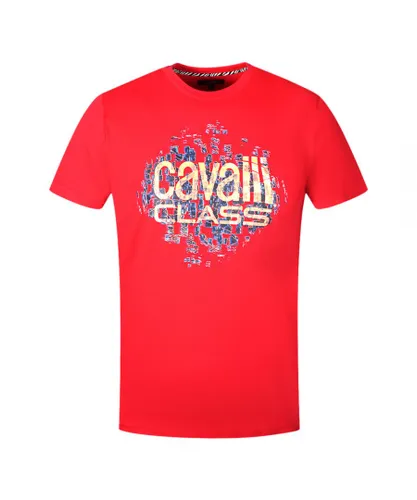 Cavalli Class Mens Gradien Scales Design Logo Red T-Shirt Cotton