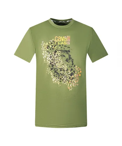 Cavalli Class Mens Leopard Print Silhouette Green T-Shirt Cotton
