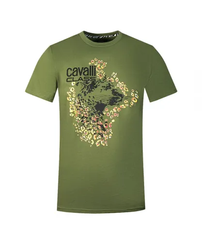 Cavalli Class Mens Leopard Profile Design Green T-Shirt Cotton