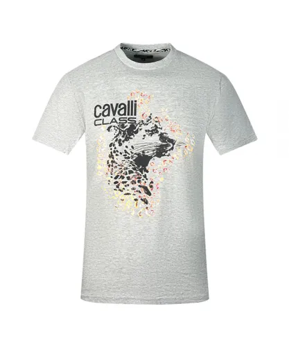 Cavalli Class Mens Leopard Profile Design Grey T-Shirt Cotton