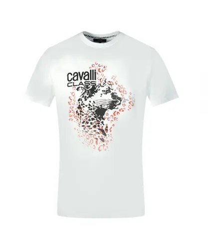Cavalli Class Mens Leopard Profile Design White T-Shirt Cotton