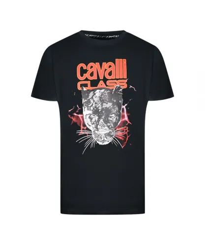 Cavalli Class Mens Lightning Panther Design Black T-Shirt Cotton