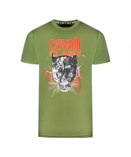 Cavalli Class Mens Lightning Panther Design Green T-Shirt Cotton
