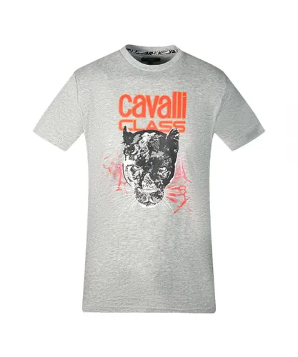 Cavalli Class Mens Lightning Panther Design Grey T-Shirt Cotton