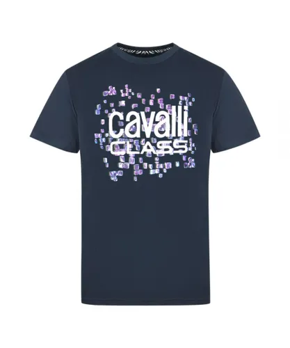 Cavalli Class Mens Scales Design Logo Navy T-Shirt - Blue Cotton