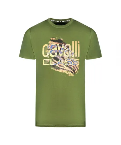 Cavalli Class Mens Slashed Tiger Print Bold Logo Green T-Shirt Cotton