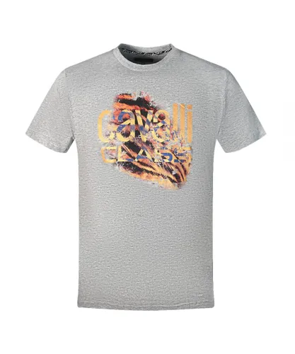Cavalli Class Mens Slashed Tiger Print Bold Logo Grey T-Shirt Cotton