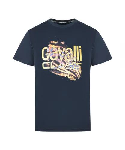 Cavalli Class Mens Slashed Tiger Print Bold Logo Navy T-Shirt - Blue Cotton
