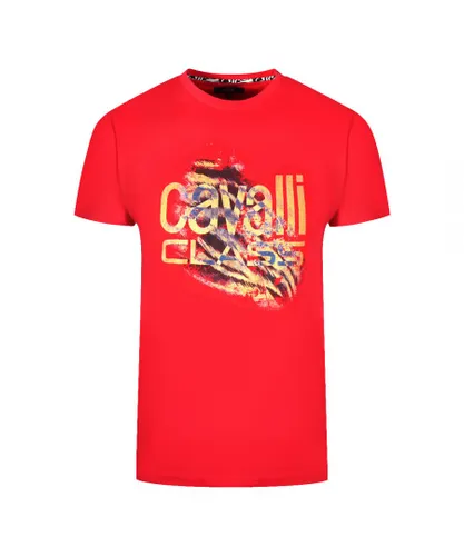 Cavalli Class Mens Slashed Tiger Print Bold Logo Red T-Shirt Cotton