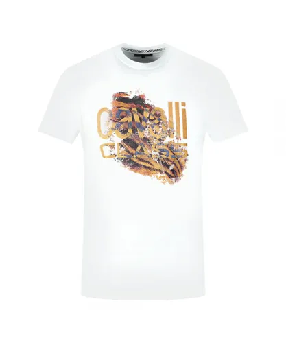 Cavalli Class Mens Slashed Tiger Print Bold Logo White T-Shirt Cotton