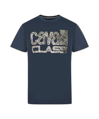Cavalli Class Mens Snake Skin Logo Navy T-Shirt - Blue Cotton