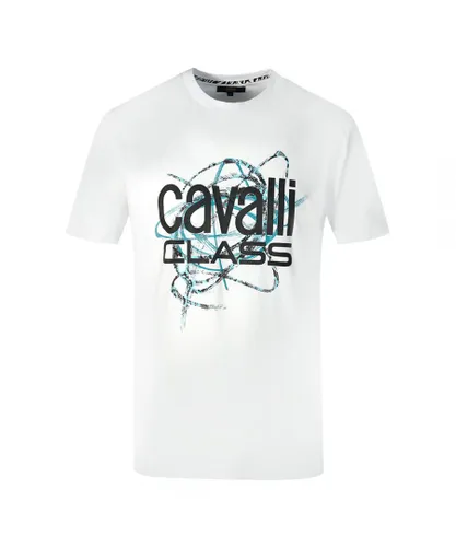 Cavalli Class Mens Snake Skin Scribble Logo White T-Shirt