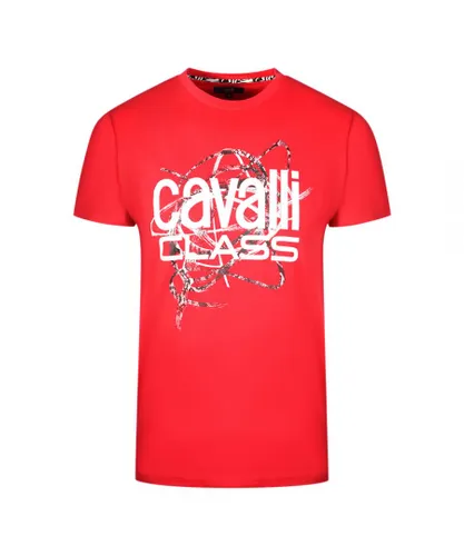 Cavalli Class Mens Snake Skin Scribble Red T-Shirt Cotton