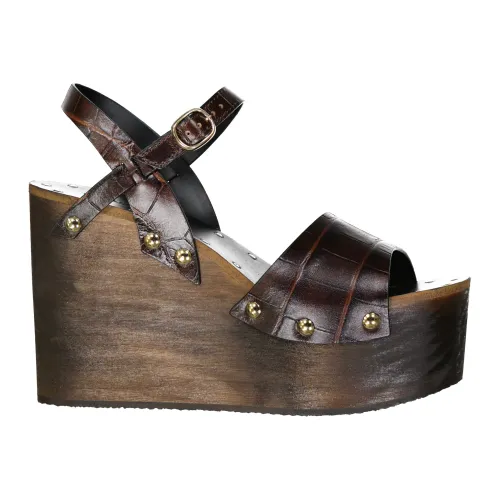 Celine , Brown Wedge Sandals with Crocodile Effect ,Brown female, Sizes:
