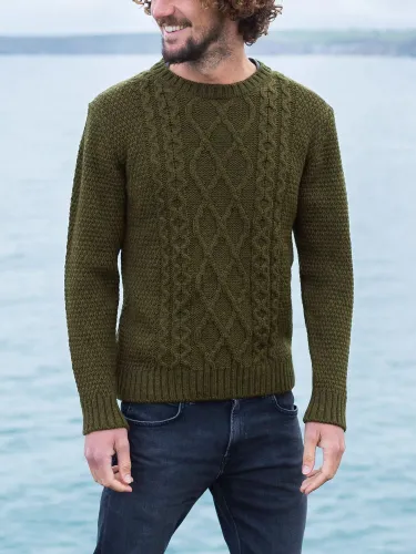 Celtic & Co. Cable Knit Crew Neck Jumper - Olive - Male
