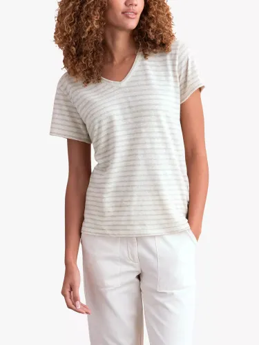 Celtic & Co. Linen Cotton Blend V-Neck T-Shirt, Ecru Oatmeal Stripe - Ecru Oatmeal Stripe - Female