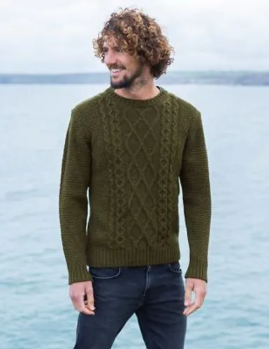 Celtic & Co. Mens Pure Merino Wool Cable Crew Neck Jumper - XL - Green, Green,Navy