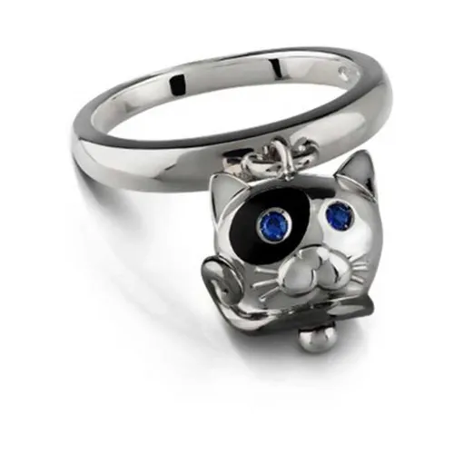 Chantecler , Bell Shape Silver Ring with Black Enamel and Blue Sapphires ,Gray female, Sizes: 51 MM