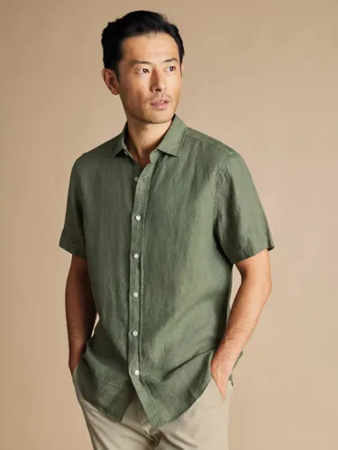 Charles Tyrwhitt Linen Classic Fit Short Sleeve Shirt - Olive Green - Male