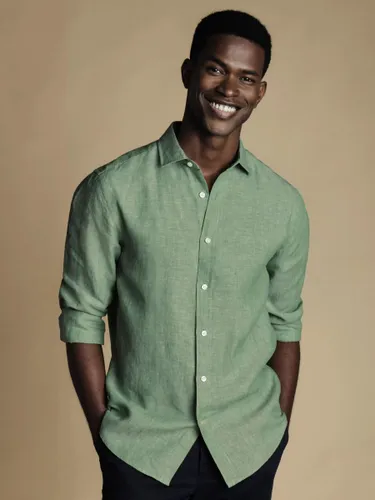 Charles Tyrwhitt Linen Short Sleeve Slim Fit Shirt - Light Green - Male
