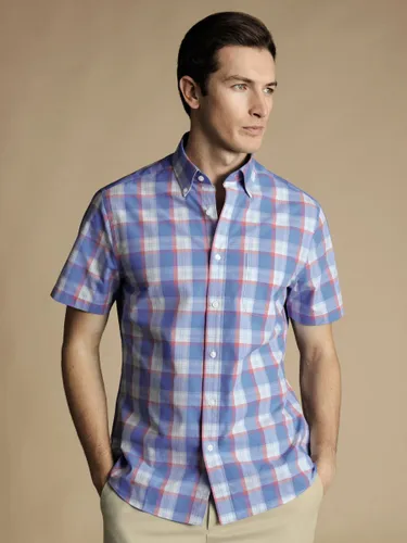 Charles Tyrwhitt Overcheck Short Sleeve Non-Iron Poplin Shirt, Pink/Multi - Pink/Multi - Male