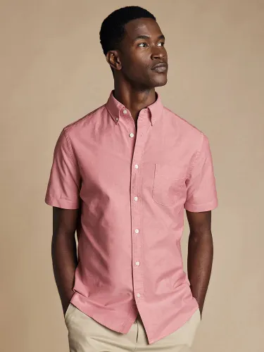 Charles Tyrwhitt Plain Short Sleeve Button Down Stretch Washed Oxford Shirt, Coral Pink - Coral Pink - Male